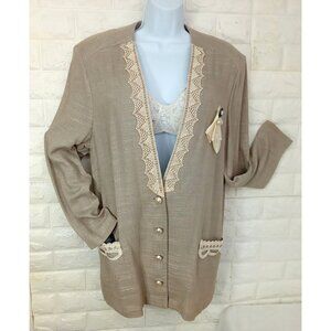 Vintage '80s Domestic USA Rayon/Flax Blazer Jacket Shoulderpads Lace Brooch (10)